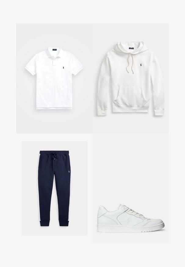 Sweat à capuche blanc Polo Ralph Lauren avec poche avant, capuche à cordon et logo brodé bleu marine sur la poitrine gauche.; Polo blanc à manches courtes avec col, deux boutons et petit logo brodé bleu marine sur la poitrine gauche.; Pantalon de survêtement bleu marine avec panneaux latéraux blancs, taille élastique avec cordon de serrage, poignets côtelés et petit logo brodé sur la partie supérieure de la jambe.; Baskets en cuir blanc avec une texture lisse, présentant un bout perforé, un système de laçage et un logo brodé sur le côté. Semelle en caoutchouc blanc.