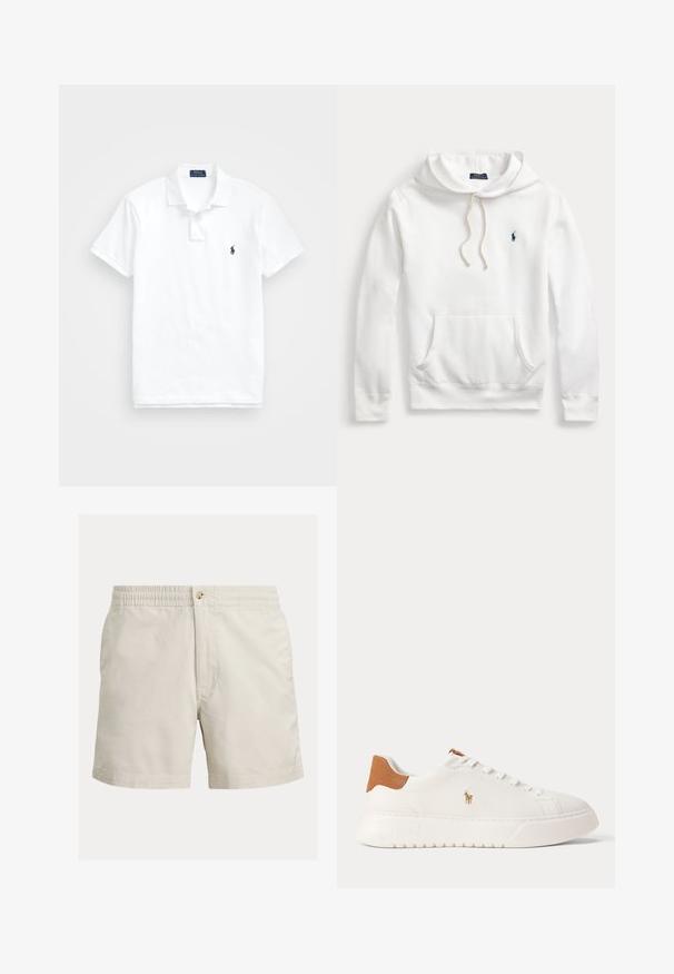 Weißer Polo Ralph Lauren Hoodie mit Fronttasche, Kapuze mit Kordelzug und marineblau besticktem Logo auf der linken Brust.; Weißes Poloshirt aus Baumwolle. Es hat einen klassischen Kragen, eine Drei-Knopf-Leiste, kurze Ärmel und ein kleines navy Logo auf der Brust.; Beige Baumwollshorts mit elastischem Bund, Knopfverschluss und Seitentaschen. Glatte Textur mit einem einfachen, klassischen Design.; Weißer Sneaker mit niedrigem Schaft, beige Fersenlasche, weißen Schnürsenkeln und kleinem, besticktem Polospieler-Logo an der Seite über einer dicken Sohle.