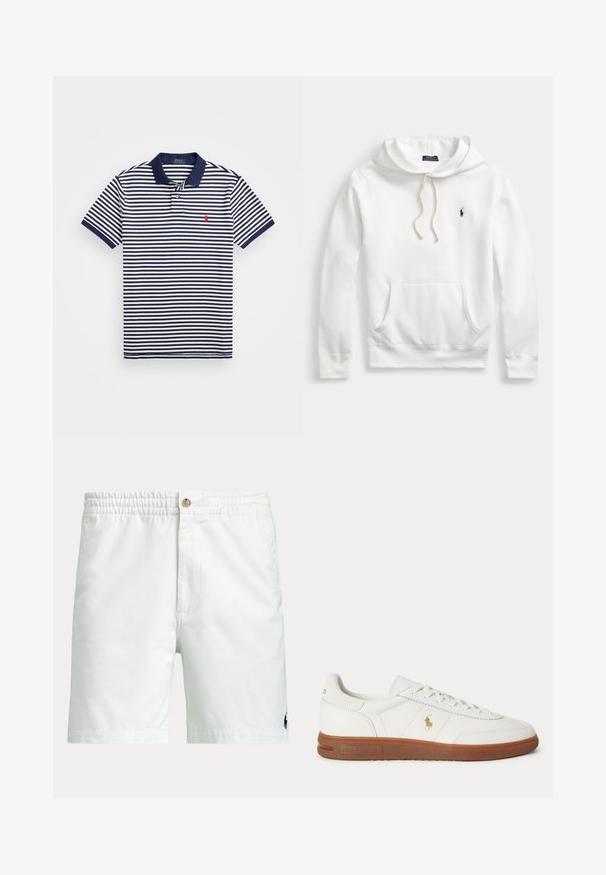 Witte Polo Ralph Lauren hoodie met voorzak, capuchon met trekkoord en marineblauw geborduurd logo op de linkerborst.; Marineblauwe en witte gestreepte polo met een effen marineblauwe kraag. Bevat een klein rood logo op de borst en korte mouwen met gestreepte manchetten.; Witte herenshorts met elastische tailleband, knoopsluiting, zijzakken en een klein donker logo dicht bij de onderzoom op één been.; Witte lage sneaker met bruine zool, veters aan de voorkant en klein gouden Polo Ralph Lauren-logo aan de zijkant.