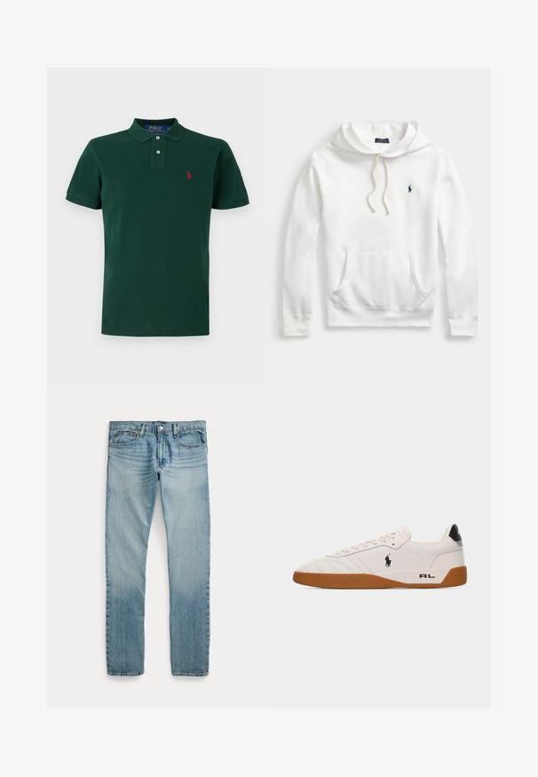 Hvid Polo Ralph Lauren hoodie med frontlomme, snøretræk i hætten og marineblåt broderet logo på venstre bryst.; Mørkegrøn kortærmet polo med krave, to-knaps lukning og lille rødt broderet logo på venstre bryst.; Lyseblå straight-leg denimbukser med fem lommer, knaplukning og subtile falmede detaljer omkring lår og knæ.; Hvid lav sneakers med brun gummisål, sort Polo Ralph Lauren-logo på siden og "RL" tekst på hælområdet.