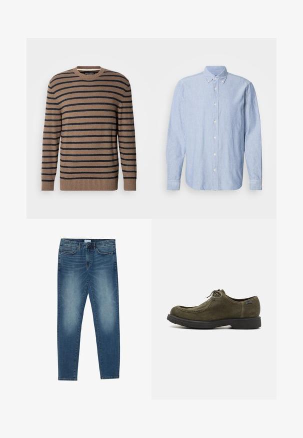 Brun og marineblå stribet sweater med rund hals, lange ærmer og ribstrikkede manchetter, lavet af et blødt strikmateriale.; Lys blå skjorte med hvide striber, som har en klassisk krave og lange ærmer. Fremstillet af vævet stof med en glat tekstur.; Denimjeans i midtblå med en falmet vask, fem-lomme design, lige ben pasform og broderede detaljer. Knap- og lynlåslukning.; Mørkegrønne ruskindsko med en glat tekstur, der har en afrundet tå, syninger og en sort gummisål.