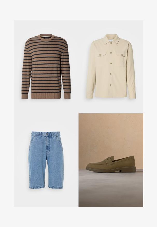 Brun og marineblå stribet sweater med rund hals, lange ærmer og ribstrikkede manchetter, lavet af et blødt strikmateriale.; Beige skjorte med knapper lavet af glat stof, har to brystlommer, en klassisk krave og fem frontknapper. Lange ærmer med manchetter, der kan lukkes med knap.; Denimshorts i lys blå, med et klassisk fem-lomme design, knap- og lynlåslukning, rå kant og falmet tekstur.; Brun mokkalærreds loafersko svæver over et tekstureret beige tæppe i en stue med et træ sofabord og stabler af bøger.