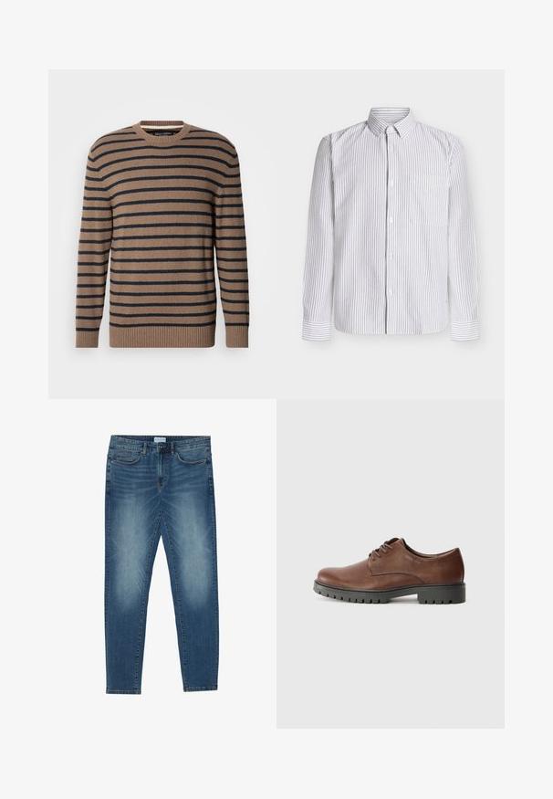 Pull rayé marron et marine avec un col rond, des manches longues et des poignets côtelés, fabriqué en maille douce.; Chemise à manches longues blanche avec fines rayures verticales grises, col boutonné, poche poitrine simple et manches à revers. Tissu en coton.; Jean en denim bleu moyen avec un délavage léger, design à cinq poches, coupe droite et accents cousus. Fermeture par bouton et zip.; Chaussure oxford en cuir marron avec une texture lisse, bout rond et semelle extérieure en caoutchouc noir avec un motif de semelle. Lacets fixés à l'avant.