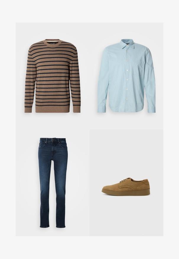 Brun og marineblå stribet sweater med rund hals, lange ærmer og ribstrikkede manchetter, lavet af et blødt strikmateriale.; Lyseblå ternet skjorte med lange ærmer, knap-ned krave, brystlomme og hvide knapper. Fremstillet af et glat stof.; Mørkeblå denim jeans med lige ben-design, fem-lomme stil, frontknaplukning og subtilt slid på lårene.; Brun ruskindslærredsko med snørebånd og flad gummisål, set fra siden på en ensfarvet lys baggrund.