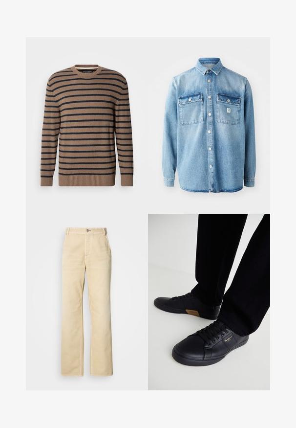Bruin en marineblauw gestreepte trui met een ronde hals, lange mouwen en geribbelde boorden, gemaakt van een zachte gebreide stof.; Lichtblauwe denim shirt met lange mouwen, puntkraag, twee borstzakken en een knoopsluiting aan de voorkant. Bevat subtiele stofstructuur en stikdetails.; Khaki wijde broekspijpen gemaakt van zachte katoen, met een enkele knoopsluiting, steekzakken aan de voorkant en zichtbare stiksels langs de naden.; Zwarte lederen sneakers met een strak ontwerp, voorzien van een gestructureerd oppervlak, ronde neus en zwarte veters. Gouden logo-detail aan de zijkant.