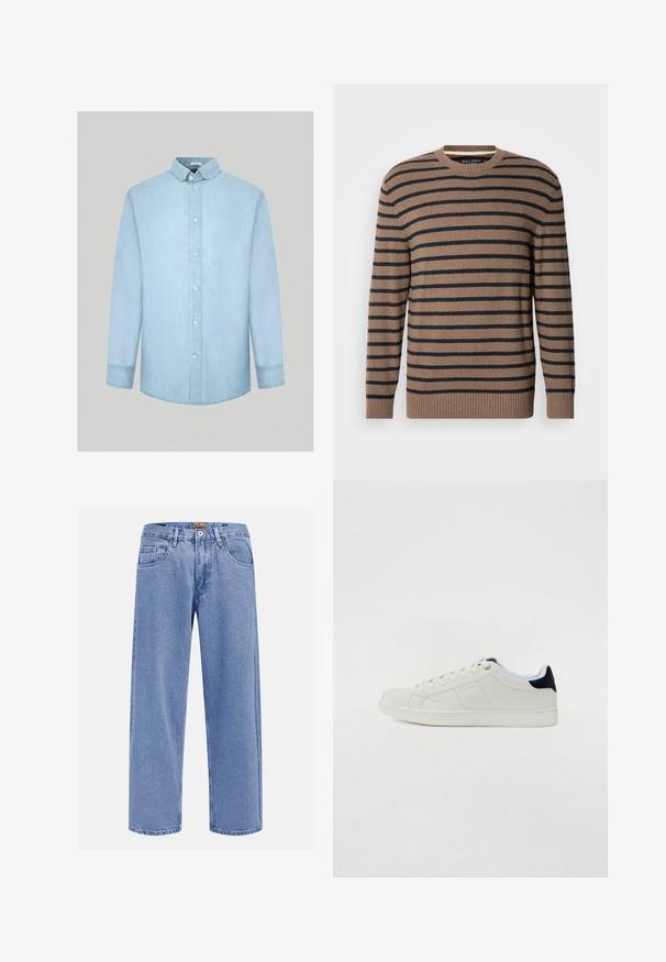 Bruin en marineblauw gestreepte trui met een ronde hals, lange mouwen en geribbelde boorden, gemaakt van een zachte gebreide stof.; Lichtblauwe spijkerblouse met lange mouwen, button-down kraag, knopen aan de voorkant en een gladde, egale textuur. Geen patronen of extra accenten.; Lichtblauwe broekspijpen met rechte pijpen gemaakt van denim, voorzien van voor- en achterzakken, riemlussen en een knoopsluiting in de taille.; Witte leren sneaker met een ronde neus, platte zool en marineblauw accent bij de hiel. Voorzien van een vetersluiting en subtiele gestikte details.