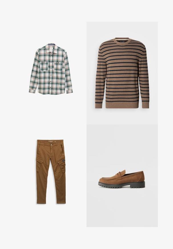 Brun og marineblå stribet sweater med rund hals, lange ærmer og ribstrikkede manchetter, lavet af et blødt strikmateriale.; Langærmet skjorte med knapper i grøn, hvid og rød plaidmønster, to knaplukket brystlommer foran og klassisk krave.; Brune lige cargo bukser med frontknap, bælte-loops, sidelommer og baglommer samt klaplukninger på lommen på låret.; Brune Suede loafers med en rund tå og en lav sort gummisål, der har et dekorativt bånd og syninger på overdelen.
