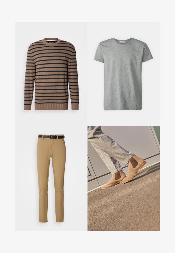 Brun og marineblå stribet sweater med rund hals, lange ærmer og ribstrikkede manchetter, lavet af et blødt strikmateriale.; Grå kortærmet t-shirt lavet af blød bomuldsblanding. Har en rund halsudskæring og en enkel, glat tekstur uden mønstre eller accentuer.; Khaki bukser med slim fit design, lavet af blødt stof. Har et sort bælte, to forlommer og en lige benpasform.; Brune ruskind Chelsea støvler med elastiske sidepaneler og en glat tan gummisål, parret med lyse grå bukser på en tekstureret overflade.