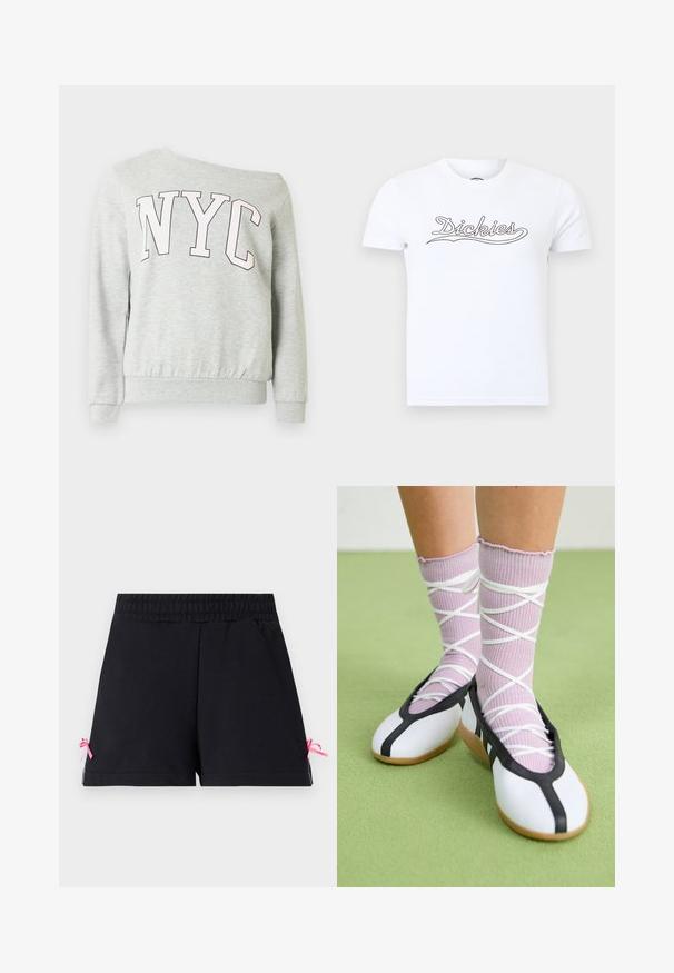 Sweat-shirt gris clair à manches longues avec de grandes lettres roses "NYC" sur la poitrine, poignets et ourlet côtelés.; T-shirt blanc à manches courtes et col rond avec le logo "Dickies" imprimé en noir sur la poitrine, sur un fond uni.; Shorts noirs avec ceinture élastique, ourlet droit et petits nœuds en ruban rose de chaque côté près des bords inférieurs.; Jambes portant des chaussettes lavande côtelées avec des brides blanches croisées, associées à des ballerines blanches avec un bord noir sur un sol vert.