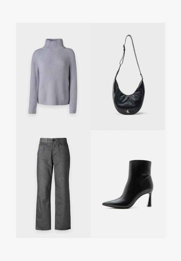 Suéter de punto acanalado gris claro con cuello alto, mangas largas y un ajuste relajado, que presenta un patrón texturizado y un dobladillo recto.; Jeans de mezclilla gris con un ligero brillo, diseño de pierna recta, cinco bolsillos, cierre de botón y detalles de costura visibles.; Botín de cuero negro con punta puntiaguda y tacón stiletto alto y delgado, mostrado de perfil sobre un fondo blanco.; Bolso de hombro de cuero negro con forma de media luna, con correa ajustable y logo "cK" plateado en la parte frontal, sobre un fondo blanco liso.