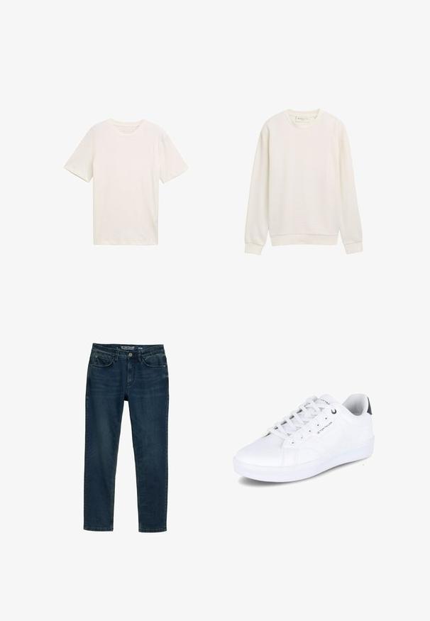 Witte longsleeve trui met ronde hals, textuurstof, geribbelde manchetten en zoom, en een klein subtiel logo op de linkerborst.; Korte mouw, ronde hals T-shirt in off-white katoen. Heeft een ontspannen pasvorm met een soepele textuur en geen opvallende patronen of accenten.; Donkerblauwe denim jeans met een rechte pasvorm. Voorzien van vijf zakken, een ritssluiting en contrasterende stiksels langs de naden.; Witte sneaker, glad synthetisch materiaal, laag ontwerp, ronde neus, zes ogen, logo-detail op de zijkant, contrasterende donkere hakaccent.