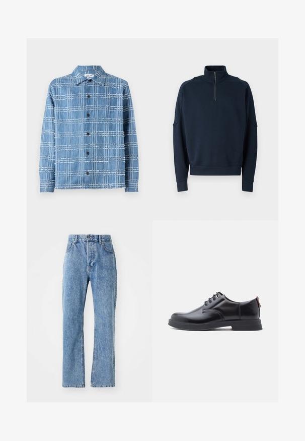 Sweatshirt zippé bleu marine avec un col haut, des poignets côtelés et une texture douce. Marque discrète sur la poitrine. Design classique et décontracté.; Chemise en denim bleu avec un motif à carreaux, présentant des bords effilochés, un col et des boutons marron. Disponible en coupe décontractée avec des manches longues.; Jean en denim bleu clair avec une taille haute, une coupe large, un style classique à cinq poches et un léger dégradé sur le tissu.; Chaussures en cuir noir à lacets avec une texture lisse, un bout arrondi et des détails de couture discrets. Présentent une languette rouge à l'arrière.