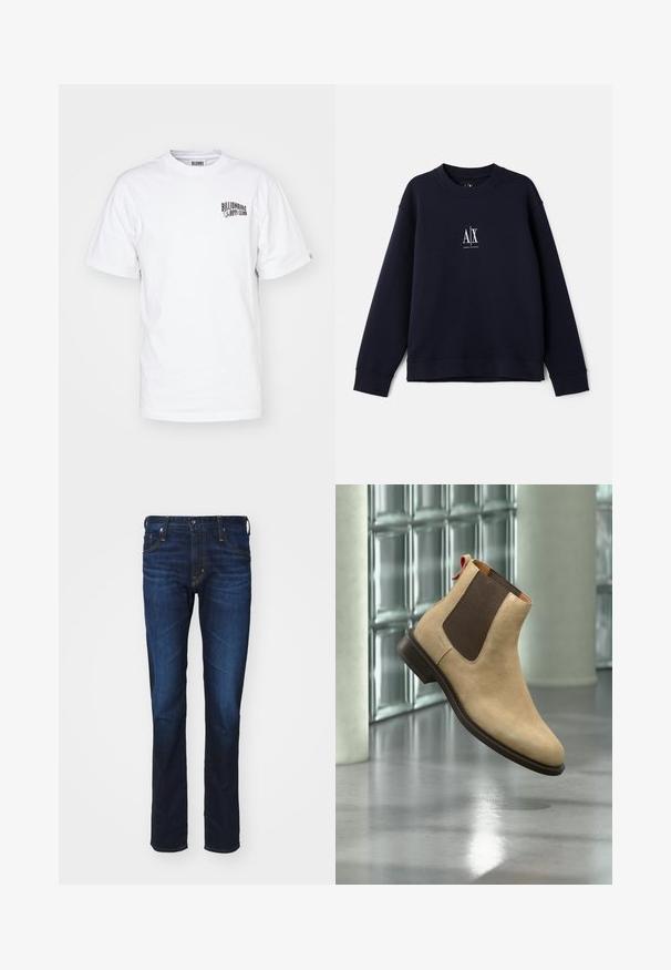 Marineblå sweatshirt lavet af blødt bomuld med rund halsudskæring, lange ærmer og et lille hvidt logo på brystet.; Hvid bomuld t-shirt med rund hals, korte ærmer og et lille sort logo på venstre bryst. Klassisk pasform og glat tekstur.; AG Jeans TELLIS MODERN - Jeans Slim Fit - viper; Beige ruskind Chelsea-støvle med mørkebrun elastisk sidepanel og trække-flap, vist svævende over reflekterende poleret gulv indendørs.
