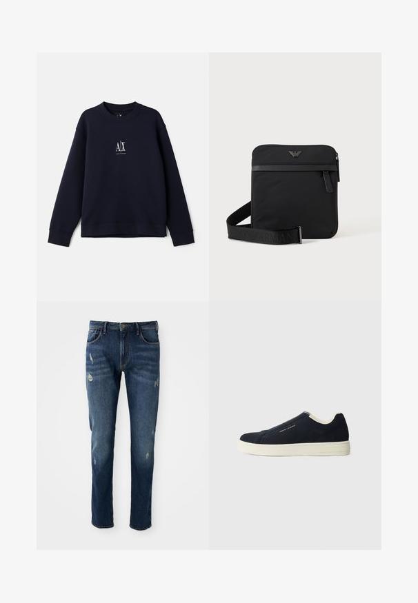 Sweat-shirt bleu marine en coton doux, avec un col rond, des manches longues et un petit logo blanc sur la poitrine.; Jean en denim bleu foncé avec coupe ajustée, légèrement abîmés aux cuisses et aux genoux, design classique à cinq poches et fermeture par bouton.; Des baskets slip-on en daim bleu marine avec une semelle en caoutchouc blanc, présentant un design cousu et un branding discret sur le côté.; Sac bandoulière carré noir avec fermeture éclair, poche avant et sangle réglable avec nom de marque embossé.