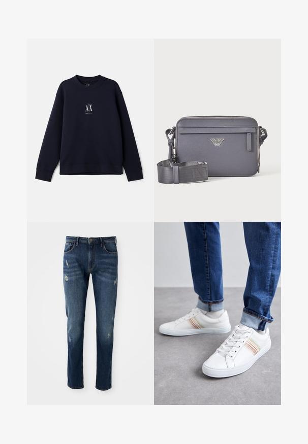 Marineblaue Sweatshirt aus weicher Baumwolle mit rundem Halsausschnitt, langen Ärmeln und einem kleinen weißen Logo auf der Brust.; Dunkelblaue Jeans aus Denim mit slim fit, leichten Abnutzungen an den Oberschenkeln und Knien, klassischem Fünf-Taschen-Design und Knopfverschluss.; Weiße Leder-Sneaker mit mehrfarbigen Streifen, Schnürdesign, Gummisohle und gepolstertem Kragen, kombiniert mit blauen Jeans.; Dunkelgraue rechteckige Umhängetasche mit verstellbarem Riemen, vorderer Reißverschlusstasche und silbernem Logo-Emblem.