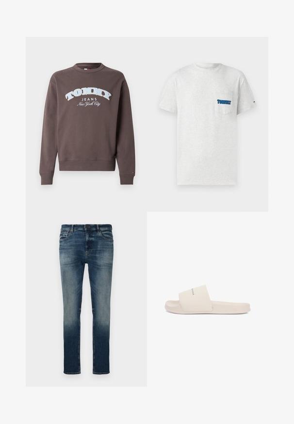 Sudadera marrón en mezcla de algodón, con un logo "TOMMY JEANS" en blanco y azul claro. Puños y dobladillo acanalados, con un diseño de cuello redondo.; Camiseta de manga corta de color gris claro con un bolsillo en el pecho que presenta el logo azul de "TOMMY Jeans" y una pequeña bandera de Tommy en la manga izquierda.; Vaqueros de mezclilla azul oscuro con un lavado desgastado, corte slim, diseño de cinco bolsillos, presillas para cinturón y cierre de botón de metal. Textura suave.; Sandalia beige sin cierre con una amplia tira texturizada y suela contorneada, que presenta un texto sutil con el nombre de la marca en la tira.