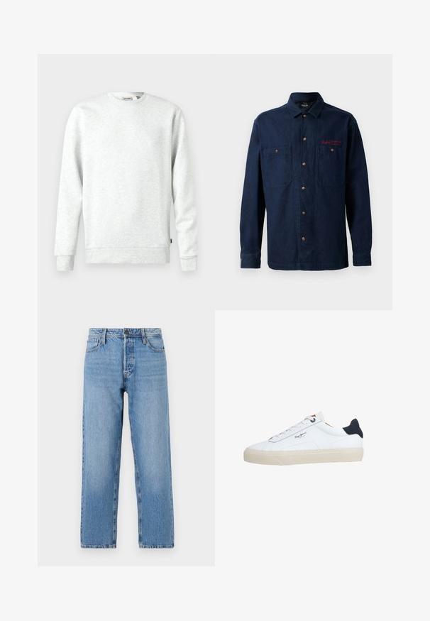 Lys grå sweatshirt lavet af blødt materiale. Rund hals, lange ærmer, ribbede manchetter og kant. Har et lille logo-tag på siden.; Mørkeblå knap-op skjorte med to brystlommer og rødt broderet logo. Minimalistisk design på en ensfarvet baggrund.; Lyseblå denimjeans med lige ben, der har en knap- og lynlås lukning, fem lomme-stil og subtilt slid.; Hvid lavtop-sneaker med beige sål, hvide snørebånd, sort hælkappe og "Pepe Jeans London"-logo på siden.