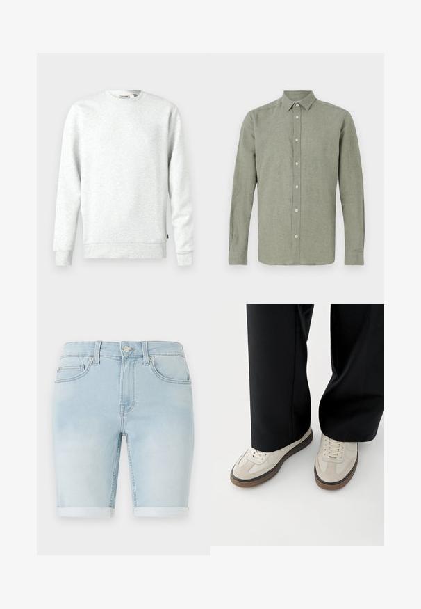Hele halli dressipluus, mis on valmistatud pehmest materjalist. Ümar kaelus, pikad varrukad, soonikkoes elastsed varrukasuuled ja allääre. Koolipeal on väike logo silt.; Kerge roheline pikade sleevesega kaelusega särk, mis on valmistatud tekstureeritud kangast, millel on täisluku sulgemine ja sirge äär.; Heledad sinine teksasärk, millel on voltitud serv, klassikaline viie tasku disain ja esine nööbiga sulgemine. Sile tekstuur vähese kulumisega.; Jalad, mis kannavad beeži värvi tossusid pruunide talladega ja mustasid laiade säärega pükse valgel taustal.