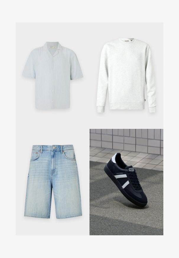 Hellgrauer Sweatshirt aus weichem Material. Rundhalsausschnitt, lange Ärmel, gerippte Bündchen und Saum. Verfügt über ein kleines Logoschild an der Seite.; Kurzärmliges Hemd mit Knopfleiste in hellblau-weißen Streifen. Verfügt über einen klassischen Kragen und einen lockeren Schnitt aus leichtem Stoff.; Hellblaue Jeansshorts mit geradem Schnitt, ausgestattet mit einem Knopf- und Reißverschluss, fünf Taschen und einem leicht verwaschenen Finish.; Schwarze Leder-Sneaker mit weißen Streifen, strukturiertem Gummisohle und Schnürung. Verfügt über ein Markenetikett auf der Zunge.