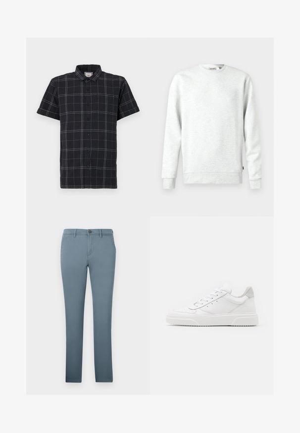 Sudadera gris claro hecha de material suave. Cuello redondo, mangas largas, puños y dobladillo acanalados. Cuenta con una pequeña etiqueta de logo en el costado.; Camisa de manga corta con botones en negro, de tejido texturizado, con un patrón de cuadrícula blanca y cuello puntiagudo.; Chinos azul claro hechos de una mezcla de algodón con corte ajustado, que cuentan con cierre de botón y bolsillos laterales. Textura suave sin patrones.; Zapatillas de cuero blanca con un acabado suave, punta redondeada, cordones planos y una suela texturada. Acento de ante gris en el talón.
