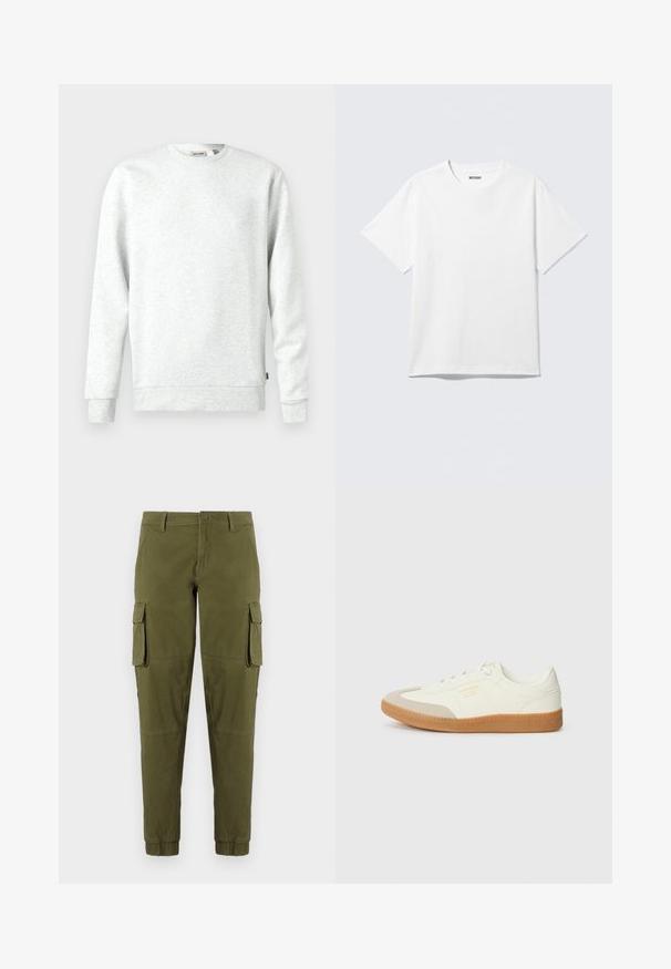 Sweatshirt gris clair en matière douce. Col rond, manches longues, poignets et ourlet côtelés. Présente une petite étiquette de logo sur le côté.; T-shirt blanc à manches courtes et col rond, étalé à plat, design uni, avec l'étiquette "WEEKDAY" à l'intérieur du col sur un fond clair.; Pantalons cargo vert olive avec poignets élastiques, dotés de deux poches cargo latérales, d'une fermeture à bouton à l'avant et d'un tissu lisse et léger.; Baskets en cuir blanc avec une coque beige et une semelle en caoutchouc marron clair. Dotées de lacets blancs plats et d'un logo embossé sur le côté.