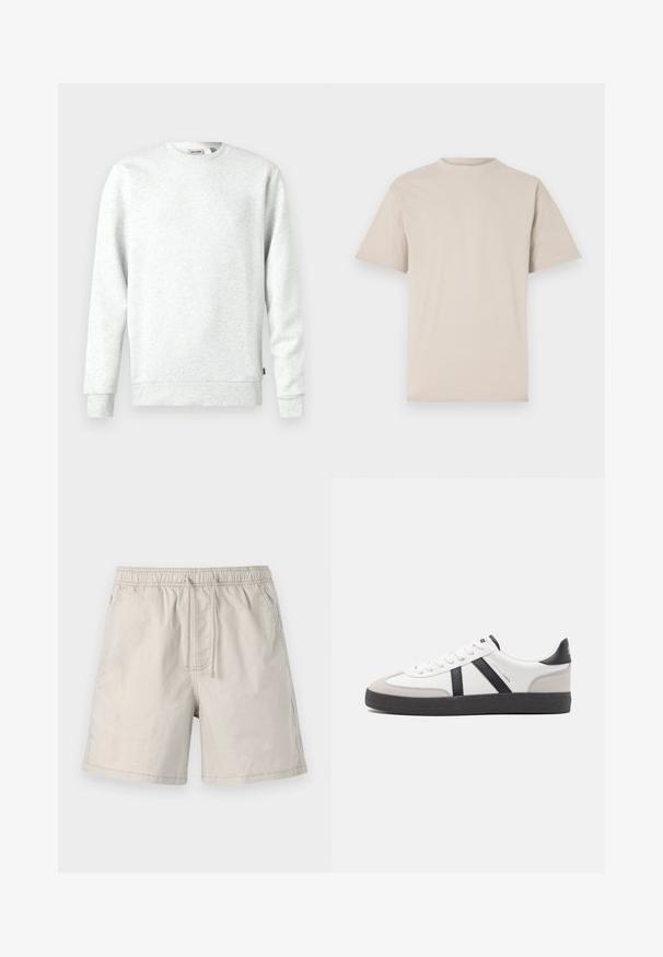 Hellgrauer Sweatshirt aus weichem Material. Rundhalsausschnitt, lange Ärmel, gerippte Bündchen und Saum. Verfügt über ein kleines Logoschild an der Seite.; Beige T-Shirt mit kurzen Ärmeln, Rundhalsausschnitt, aus glattem Baumwollstoff, mit lässiger Passform und ohne sichtbare Muster oder Verzierungen.; Beige Shorts aus leichtem Stoff, mit elasticem Taillenbund, Zugband und Seitentaschen mit kontrastierender Naht.; Weiße Sneaker mit schwarz- und grau-aczenten, ausgestattet mit einer strukturierten grauen Zehenkappe, schwarzer Gummi-Sohle und flachen weißen Schnürsenkeln. Sauberes Design, minimalistische Stil.