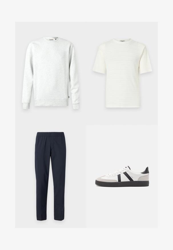 Sweatshirt gris clair en matière douce. Col rond, manches longues, poignets et ourlet côtelés. Présente une petite étiquette de logo sur le côté.; T-shirt blanc à manches courtes en tissu texturé avec un subtil motif horizontal. Motif col rond, coupe décontractée.; Pantalon bleu marine avec une taille élastique, jambes droites, tissu léger et sans poches ni ornements visibles.; Baskets blanches avec des accents noirs et gris, présentant un embout texturé gris, une semelle en caoutchouc noir et des lacets plats blancs. Design épuré, style minimaliste.