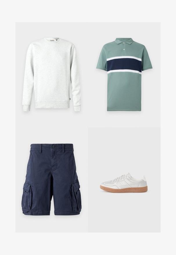 Lys grå sweatshirt lavet af blødt materiale. Rund hals, lange ærmer, ribbede manchetter og kant. Har et lille logo-tag på siden.; Kortærmet polo skjorte i afdæmpet grøn med marineblå og hvide vandrette striber på brystet og krave med to knapper.; Mørkeblå cargo shorts lavet af bomuld. Har flere sidelommer, knappelukning og en afslappet pasform. Glat tekstur og holdbart design.; Sølv sneakers med en glat overflade, snørebånd, perforerede detaljer og en struktureret brun gummi sål.
