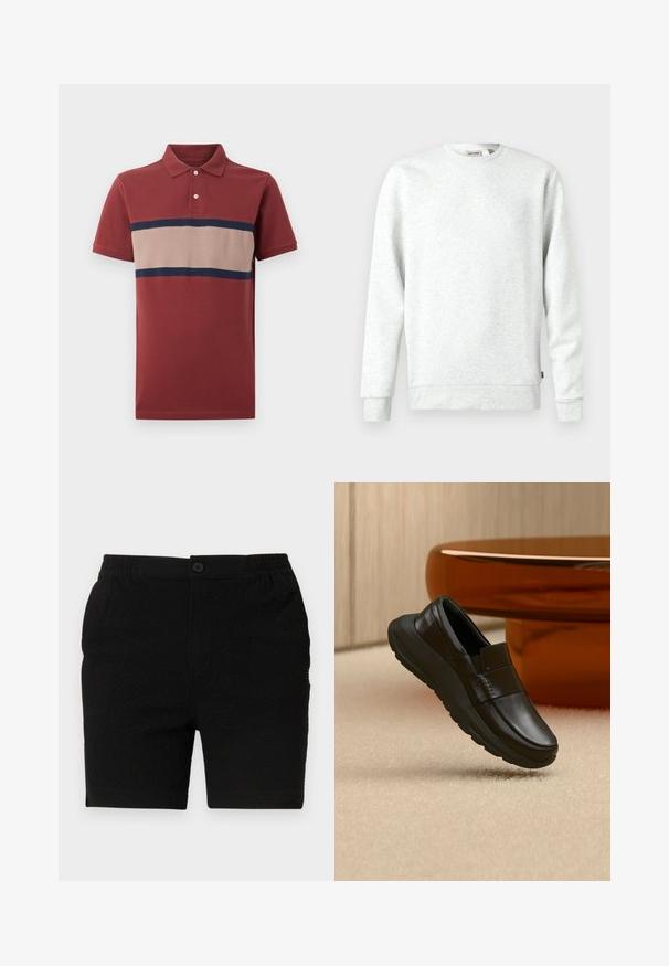 Hellgrauer Sweatshirt aus weichem Material. Rundhalsausschnitt, lange Ärmel, gerippte Bündchen und Saum. Verfügt über ein kleines Logoschild an der Seite.; Kurzarm-Polohemd in Ziegelrot mit beiger horizontaler Streifen, der von Marineblau über die Brust eingegrenzt wird, zwei Knöpfen an der Knopfleiste und geripptem Kragen.; Schwarze Shorts aus einem strukturierten Stoff, mit elastischem Bund und einem einzelnen Knopfverschluss. Für die Freizeit gestaltet, mit geradem Schnitt.; Schwarzer Ledermokassin mit dicker Sohle, dargestellt über beigem Teppich und nahe einer runden bernsteinfarbenen Tischbasis.