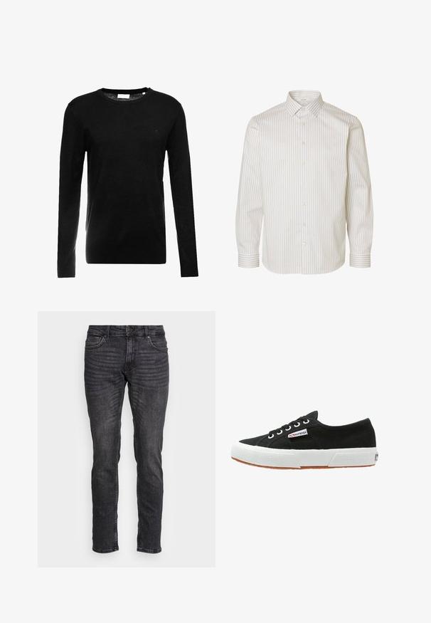 Sort langærmet sweater lavet af blød strik. Klassisk rund halsudskæring, slank pasform med diskret branding på brystet og ribbede manchetter.; Hvid skjorte med lange ærmer med beige lodrette striber, knapper foran, spids krave og manchetter med knapper.; Sorte denimjeans med lige pasform, let falmet tekstur, fem lommer, metalknap og lynlås. Bunden er ren og rå.; Sort lærredssneaker med hvid gummisål og brunt gummiydersål. Har rund tå, snørebåndsdesign og lille logoetiket på siden.