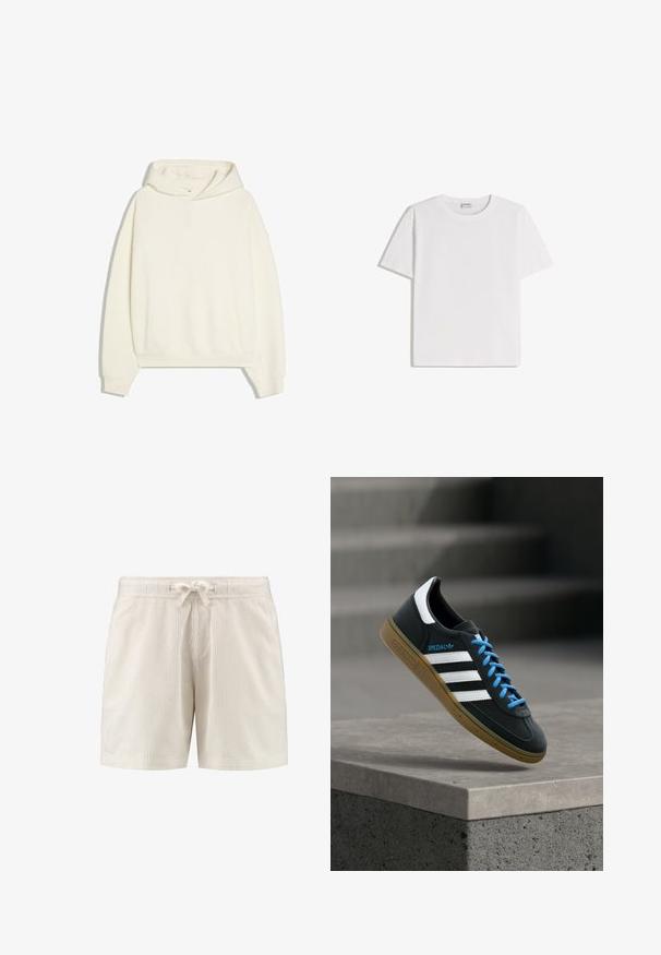 Effen witte capuchontrui met lange mouwen en een voorzak, plat gelegd op een witte achtergrond.; Wit katoenen T-shirt met een ronde hals en korte mouwen. Heeft een klassieke, rechte pasvorm zonder zichtbare patronen of accenten.; Beige geribde stoffen short met een elastische tailleband en een gestrikt trekkoord aan de voorzijde in het midden.; Zwarte Adidas-sneaker met witte strepen, blauwe veters en een gumzool die boven een grijze betonnen trede zweeft in zacht licht.