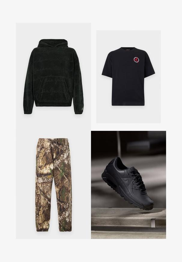 Sudadera negra con capucha y bolsillo tipo canguro, con un patrón sutil de letras repetidas y pequeño logo blanco de Jumpman en el puño de la manga izquierda.; Camiseta negra de manga corta con un pequeño logotipo rojo de Jumpman y un diseño circular en el pecho izquierdo.; Pantalones de chándal de camuflaje con un patrón natural en tonos marrón y verde, que cuentan con una cintura elástica con cordón y puños elásticos en los tobillos.; Zapatillas Nike Air Max negras con parte superior de cuero texturizado, suela de goma y un sistema de cordones prominente, que muestran un diseño elegante y moderno.
