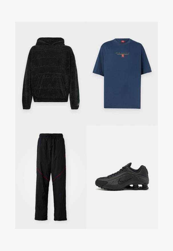 Sudadera negra con capucha y bolsillo tipo canguro, con un patrón sutil de letras repetidas y pequeño logo blanco de Jumpman en el puño de la manga izquierda.; Camiseta de manga corta color azul marino con texto pequeño impreso y un gráfico rojo y amarillo centrado en el pecho.; Pantalones deportivos negros con un acabado texturizado, con cintura ajustable con cordón, líneas de acento rojas y un corte holgado.; Zapatillas de running negras con un upper sintético liso, detalles perforados, paneles laterales texturizados y una suela distintiva y elástica.