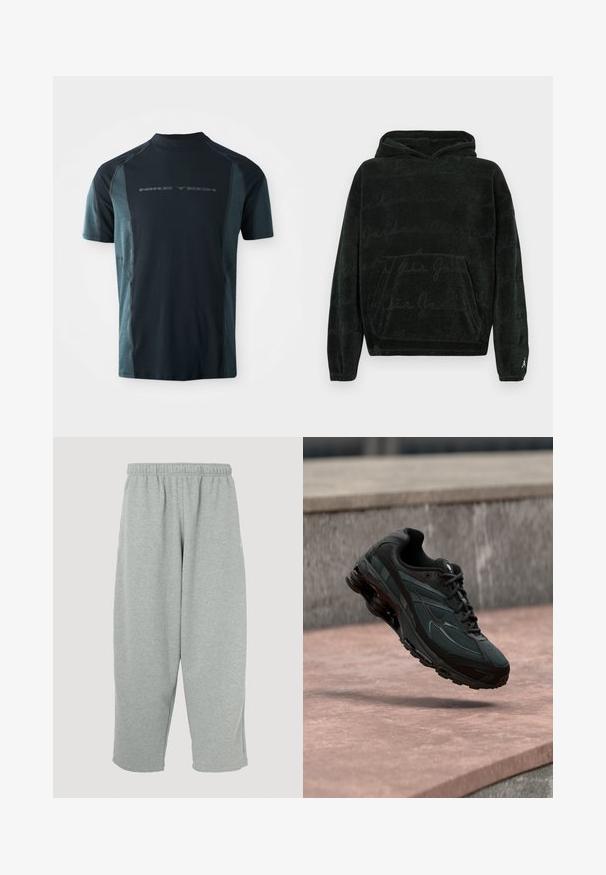 Sudadera negra con capucha y bolsillo tipo canguro, con un patrón sutil de letras repetidas y pequeño logo blanco de Jumpman en el puño de la manga izquierda.; Camiseta Nike Tech de manga corta, con un cuerpo en azul marino oscuro y paneles laterales en teal claro, y un cuello alto. Logo impreso en la parte delantera.; Pantalones deportivos gris claro con cintura elástica, diseño de pernera ajustada y textura suave. Sin marcas visibles ni patrones.; Zapatilla deportiva negra con entresuela visible con amortiguación de aire que flota sobre una superficie de piedra rosa con un fondo de pared de piedra gris.