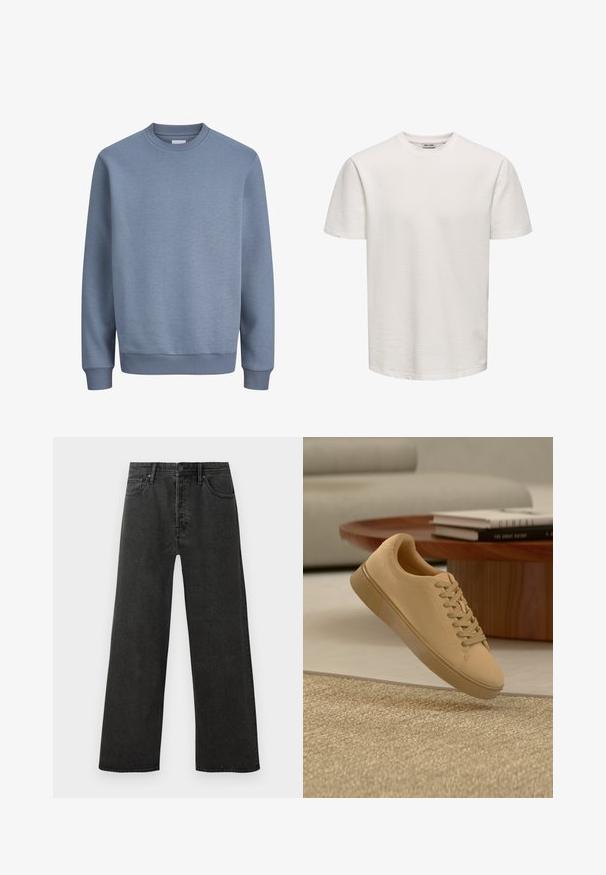 Blå crewneck-sweatshirt med lange ærmer og ribstrikkede manchetter og kant, lavet af blødt stof.; Simpel hvid, kortærmet t-shirt med tekstur og rund hals, vist på en ensfarvet baggrund uden synlige logoer eller designs.; Sorte højtaljede lige ben jeans i denim med frontknap, lynlås og fem lomme-design på en hvid baggrund.; Beige snørestøvler, der svæver over et tekstureret tæppe med et træ sofabord og stablede bøger i en sløret baggrund.