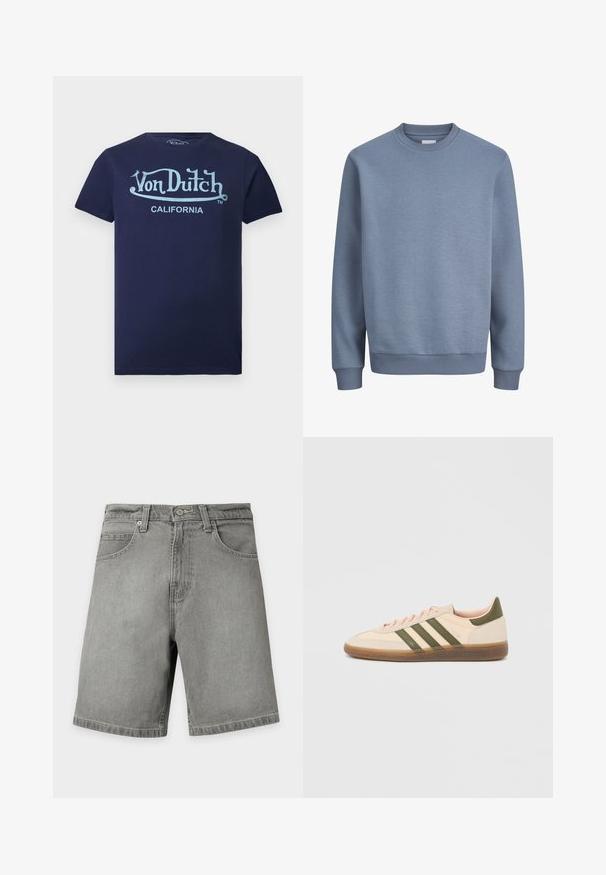 Sweat-shirt bleu à col rond avec manches longues et poignets et ourlet côtelés, en tissu doux.; T-shirt bleu marine à manches courtes avec logo "Von Dutch" bleu clair et texte "California" sur le devant.; Short en denim gris avec poches avant, passants pour ceinture, fermeture par bouton et un design simple de couture sur fond blanc.; Baskets beige discrètes Adidas Spezial avec des bandes vertes, une semelle en caoutchouc et le logo "SPEZIAL" sur le côté, vues de l'extérieur.