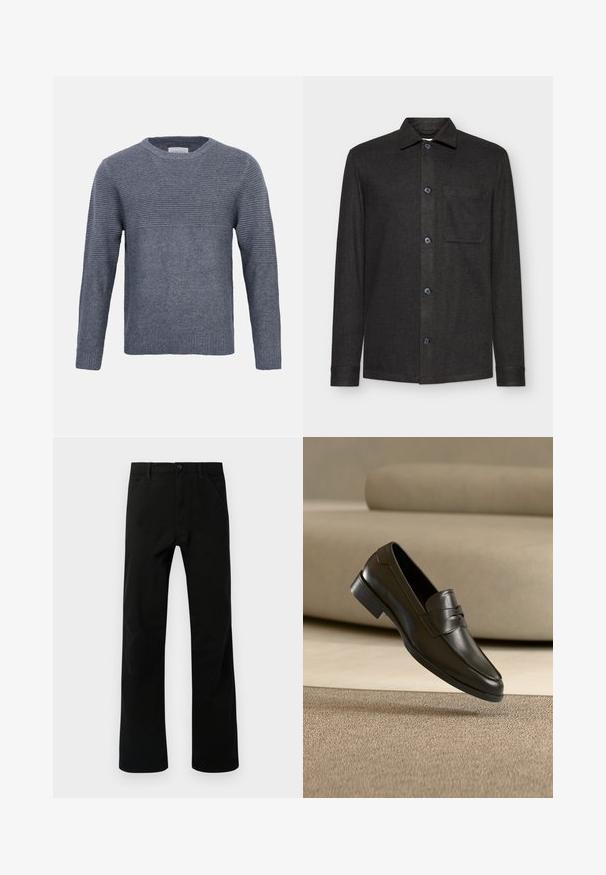 Grijze gebreide trui met lange mouwen, ribbelstructuur op de bovenborst, mouwen en effen breisel op de onderkant van de romp en de boorden, ronde hals.; Zwarte, langpyjama shirtjack gemaakt van textuurstof, met een puntige kraag, knopen aan de voorkant en een enkele borstzak.; Zwarte rechte broek met voorzakken, knoopsluiting en lussen voor een riem, weergegeven tegen een witte achtergrond.; Zwarte leren loafer zwevend boven een beige tapijt met een beige bank op de achtergrond, met een klassiek mannenmodel instapontwerp.