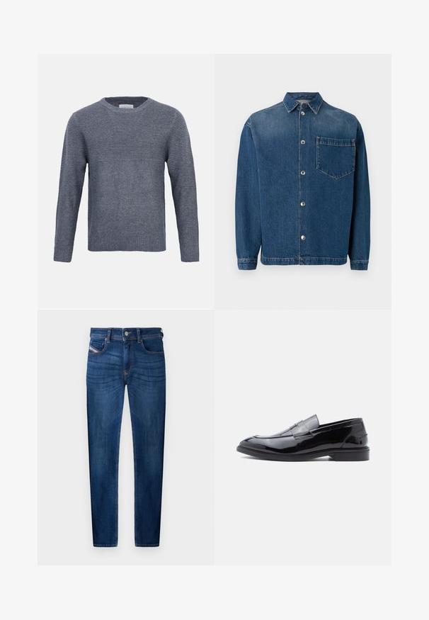 Grå strikket langærmet sweater med ribbet tekstur på øvre bryst, ærmer og solid strik på nedre torso og manchetter, rund halsudskæring.; Mørkeblå denimskjorte med knaplukning foran, krave og en enkelt brystlomme. Glat tekstur og klassisk pasform. Sølvknapper som hardware.; Mørkeblå denim jeans med lige ben, fem-lomme design, synlige syninge detaljer og metal knaplukning.; Sorte loafers i laklæder med en glat finish, rundet tå og dekorativ remdetalje, med lav profil og gummisål.