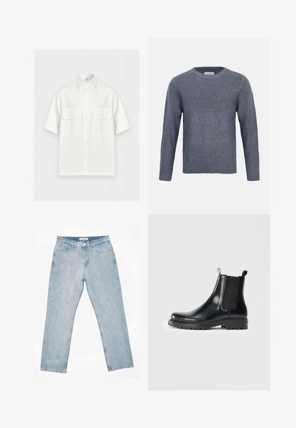 Pull gris en maille, manches longues, avec texture côtelée sur le haut de la poitrine et les manches, maille unie sur le bas du buste et les poignets, col rond.; Chemise blanche à manches courtes avec col et deux poches à rabat sur le devant, présentée sur un fond clair uni.; Jean droit bleu clair avec bouton frontal, passant de ceinture et design à cinq poches, posé à plat sur un fond blanc.; Bottes Chelsea en cuir noir avec des panneaux élastiques sur les côtés, une languette pour un enfilage facile et une semelle en caoutchouc robuste avec une adhérence texturée.