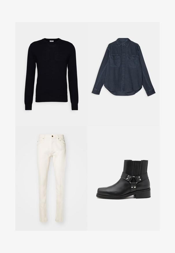 Sort langærmet sweater lavet af blødt strikket materiale. Rund halsudskæring, ribbede manchetter og kant. Minimalistisk design uden synlige mønstre eller knapper.; Mørkeblå denimskjorte med knaplukning foran, spids krave, to brystlommer og lange ærmer med knapmanchetter.; Beige bomuldsjeans med slim fit, der har en frontknap, fem lommer og subtile syninger. Glat tekstur og tætsiddende ben.; The Kooples CHAUSSURES - Cowboy- / bikerstøvlette - black