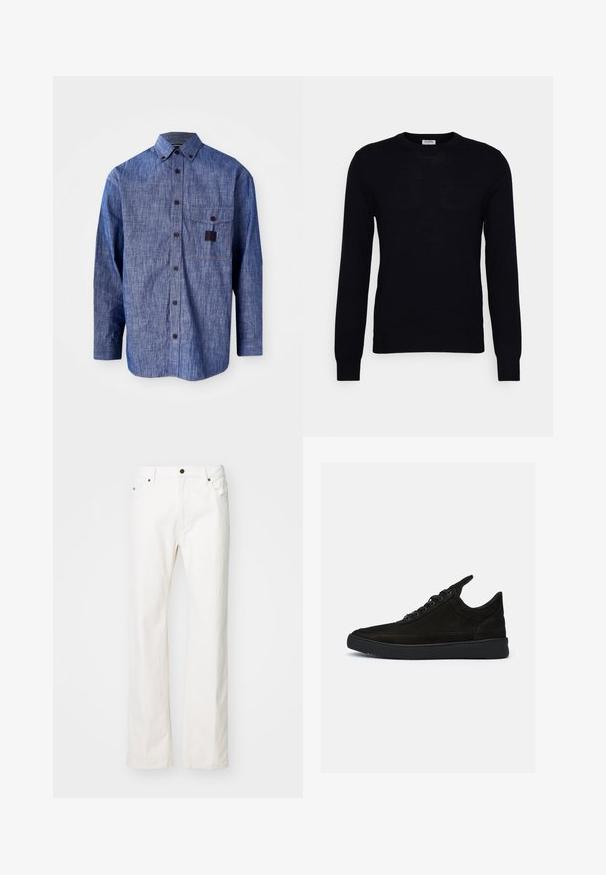 Zwarte lange mouwen trui gemaakt van zacht gebreid materiaal. Ronde halslijn, geribbelde manchetten en zoom. Minimalistisch ontwerp zonder zichtbare patronen of knopen.; Blauwe denim overhemd met lange mouwen, een button-down kraag, een borstzak aan de voorkant en een subtiele textuur. Voorzien van donkere knopen en contrasterende stiksels.; Witte denim jeans met een rechte pijp ontwerp, voorzien van vijf zakken, een metalen knoopsluiting en minimale stikseldetails.; Zwarte suède sneakers met een lage profiel, ronde neus en een gestructureerde rubberen zool. Beschikt over vijf veterogen en een achterste lus.