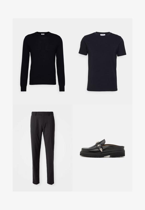 Sort langærmet sweater lavet af blødt strikket materiale. Rund halsudskæring, ribbede manchetter og kant. Minimalistisk design uden synlige mønstre eller knapper.; Sort kortærmet t-shirt med rund hals og et lille hvidt mærke indeni halsudskæringen.; Sorte skræddersyede bukser med flad front, slim fit, bæltestropper og en glat tekstur. Velegnet til formelt eller forretningsmæssigt tøj.; Sorte læder slip-on loafers med sølv hardware detaljer, rund tå, tyk sort gummisål med mønster, og syede detaljer langs kanterne.