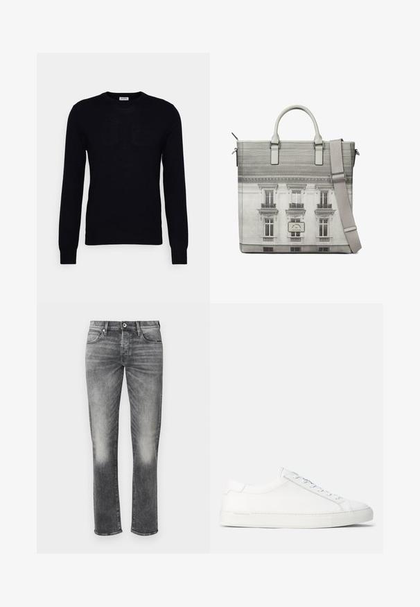 Schwarzer Langarmpullover aus weichem Strickmaterial. Rundhalsausschnitt, gerippte Bündchen und Saum. Minimalistisches Design ohne sichtbare Muster oder Knöpfe.; Graue Jeans aus Denim mit geradem Schnitt, dezenter Auswaschung, fünf Taschen und einem Knopfverschluss. Strukturierter Stoff mit minimalen Nähten.; Weiße Leder-Sneaker mit glatter Textur, abgerundeter Form, flacher Gummisohle und weißen Schnürsenkeln. Verfügt über ein minimalistisches Design und dezente Markenkennzeichnung.; Graue Tote-Tasche mit Aufdruck einer Pariser Gebäudefassade, zwei Griffen, verstellbarem Schultergurt und einem „Karl Lagerfeld Paris“-Etikett auf der Vorderseite.