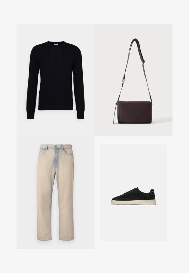 Zwarte lange mouwen trui gemaakt van zacht gebreid materiaal. Ronde halslijn, geribbelde manchetten en zoom. Minimalistisch ontwerp zonder zichtbare patronen of knopen.; Licht beige denim jeans met een rechte pijpdesign, vervaagde blauwe accenten, vijf zakken en een knoopsluiting in de taille.; Zwarte suède lage sneaker met zwarte veters en witte rubberen zool, zijaanzicht op een effen lichtgrijze achtergrond.; Donkerbruine gestructureerde leren crossbodytas met verstelbare riem en klein decoratief blauw accent aan de zijkant.