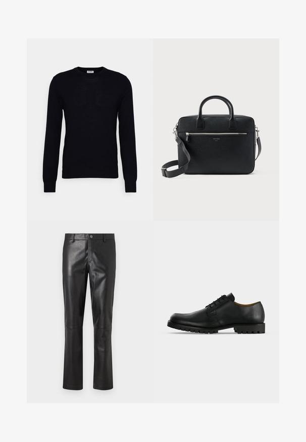 Pull noir à manches longues en tricot doux. Encolure ronde, poignets et ourlet côtelés. Design minimaliste sans motifs ni boutons visibles.; Pantalon en cuir noir avec une texture lisse, design à jambes droites et couture subtile le long des coutures. Présente une fermeture à bouton à la taille.; Chaussure de ville noire en cuir à lacets avec une semelle épaisse et rainurée et un petit talon, présentée sur fond blanc.; Serviette rectangulaire en cuir noir texturé avec double poignée, poche avant zippée et bandoulière réglable présentée sur fond blanc.