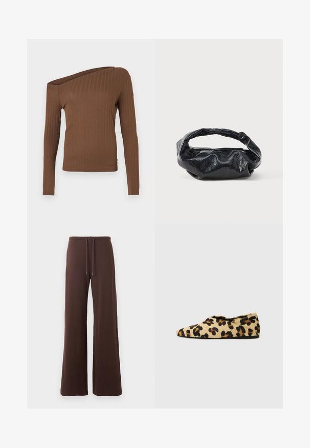 Καφέ ριγέ μπλούζα μακρυμάνικος με off-shoulder σχέδιο. Φτιαγμένη από ελαστικό ύφασμα με απαλή υφή και εφαρμοστή γραμμή.; Καφέ φαρδιά παντελόνια με ρυθμιζόμενο κορδόνι στη μέση, κατασκευασμένα από μαλακό πλεκτό ύφασμα, εμφανίζονται σε απλό ανοιχτό φόντο.; Φλατ παπούτσια με λεοπάρ σχέδιο, φτιαγμένα από μαλακό γούνινό ύφασμα, με σχεδίαση σε μυτερή μύτη και χαμηλό προφίλ. Φυσικοί τόνοι με μαύρες λεπτομέρειες.; Μαύρη τσάντα φτιαγμένη από γυαλιστερό, υφασμάτινο υλικό με κυκλική, στροβιλισμένη λαβή και κλείσιμο με φερμουάρ. Διαθέτει ένα μαλακό, ζαρωμένο σχέδιο.