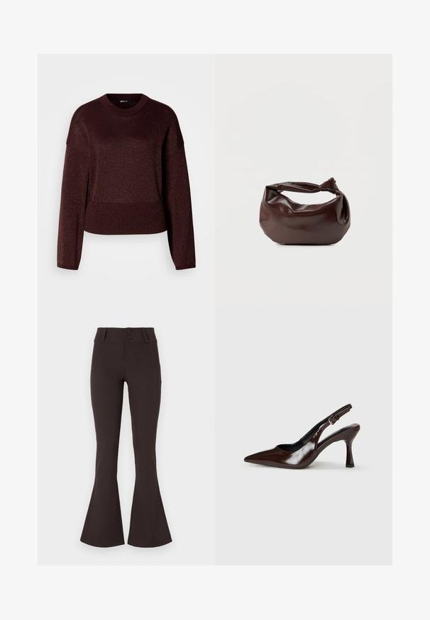 Pull en maille bourgogne avec une texture douce et scintillante, doté d'un col rond et d'un ourlet côtelé, à manches longues avec une coupe décontractée.; Pantalons évasés marron en tissu extensible. Caractérisés par une taille haute avec deux boutons et une texture lisse. Sans motifs ni embellissements.; Talons slingback en cuir verni brun avec un bout pointu, un talon fin, et une sangle réglable avec une petite boucle.; Sac bandoulière en cuir marron foncé avec une forme souple et décontractée et une anse nouée torsadée sur un fond blanc uni.