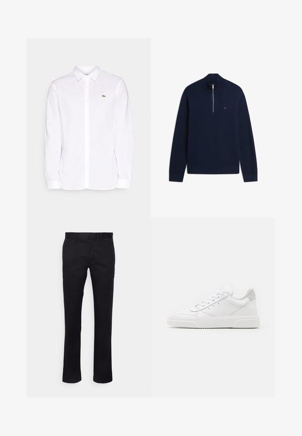 Marineblauwe trui met lange mouwen, geribde hoge kraag, halve rits en klein rood, wit en blauw logo op de borst.; Witte lange mouwen shirt van katoen, met een button-down kraag, een groen geborduurd logo op de linkerkant van de borst en rechte mouwen.; Zwarte rechte broek van glad katoen. Voorzien van een knoopsluiting, riemlussen en een lichte glans. Geen zichtbare patronen of accenten.; Witte leren sneakers met een gladde afwerking, ronde neus, platte veters en een gestructureerde zool. Grijze suède accent bij de hiel.