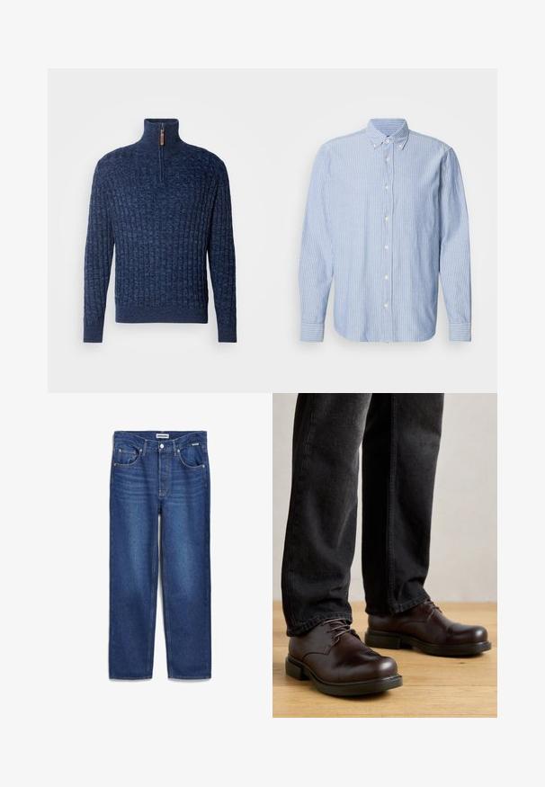 INDICODE JEANS Strickpullover - navy mix; Hemd mit Knöpfen in Hellblau mit weißen Streifen, ausgestattet mit einem klassischen Kragen und langen Ärmeln. Hergestellt aus gewebtem Stoff mit einer glatten Textur.; Denim-Jeans in Dunkelblau, gerades Bein Design mit mittelhohem Bund, fünf Taschen und subtiler Ausbleichung an der Vorderseite.; Braune Lederschuhe mit abgerundeter Spitze, Schnürdesign und dicker schwarzer Gummisohle, kombiniert mit dunkelblauen Jeans.