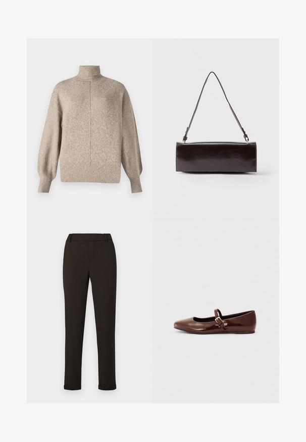Vero Moda VMDOFFY - Striktrøje - sepia tint; Sorte slim-fit bukser med bæltestropper og manchetter mod en ensfarvet hvid baggrund.; Brun patentlæder balletflade med firkantet tå og strop med en lille guldbuckle. Glat tekstur, lav hæl og minimalistisk design.; Rektangulær sort læderhåndtaske med en enkelt lang rem og blank finish, vist mod en ensfarvet hvid baggrund.
